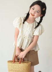 Chinese Style Beige O-Neck Patchwork Button Kids Shirt Short Sleeve