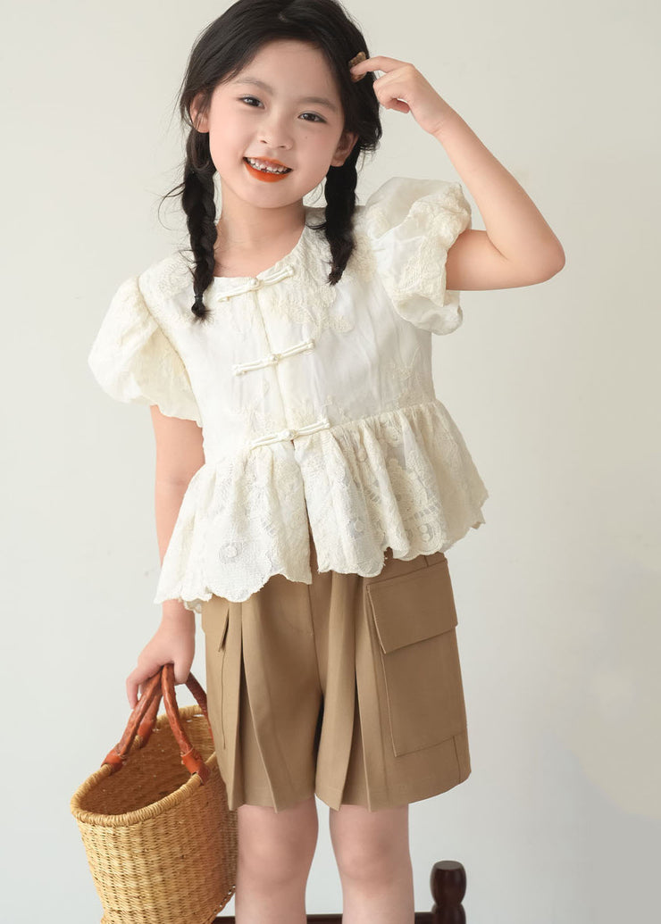 Chinese Style Beige O-Neck Patchwork Button Kids Shirt Short Sleeve