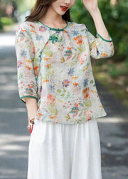 Chinese Style Beige O Neck Print Patchwork Linen T Shirts Summer