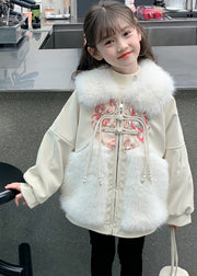 Chinese Style Beige Peter Pan Collar Embroideried Patchwork Warm Fleece Kids Coats Winter