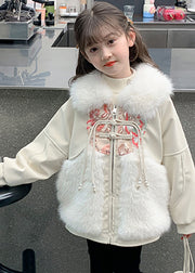 Chinese Style Beige Peter Pan Collar Embroideried Patchwork Warm Fleece Kids Coats Winter