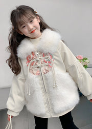 Chinese Style Beige Peter Pan Collar Embroideried Patchwork Warm Fleece Kids Coats Winter