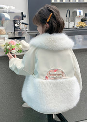 Chinese Style Beige Peter Pan Collar Embroideried Patchwork Warm Fleece Kids Coats Winter