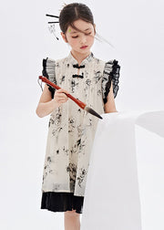 Chinese Style Beige Ruffled Patchwork Print Girls Long Dress Summer