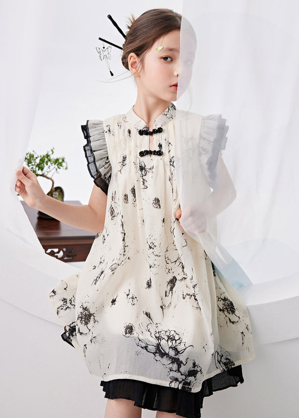 Chinese Style Beige Ruffled Patchwork Print Girls Long Dress Summer