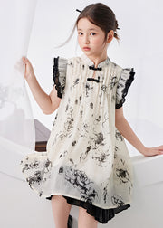 Chinese Style Beige Ruffled Patchwork Print Girls Long Dress Summer