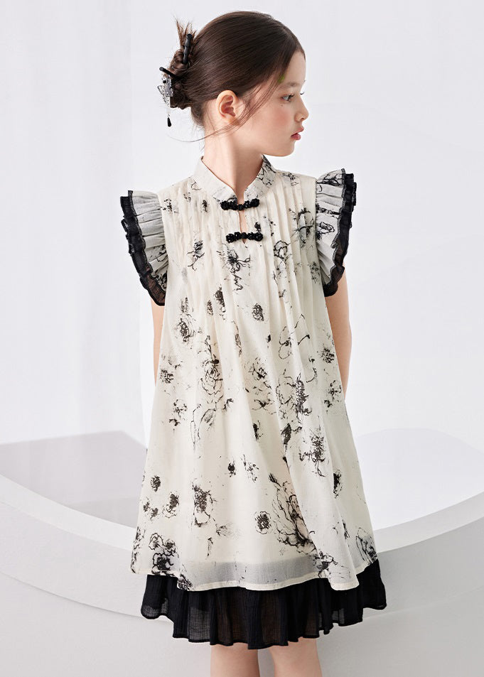 Chinese Style Beige Ruffled Patchwork Print Girls Long Dress Summer