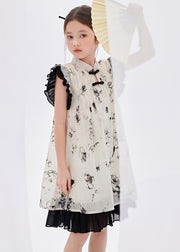 Chinese Style Beige Ruffled Patchwork Print Girls Long Dress Summer