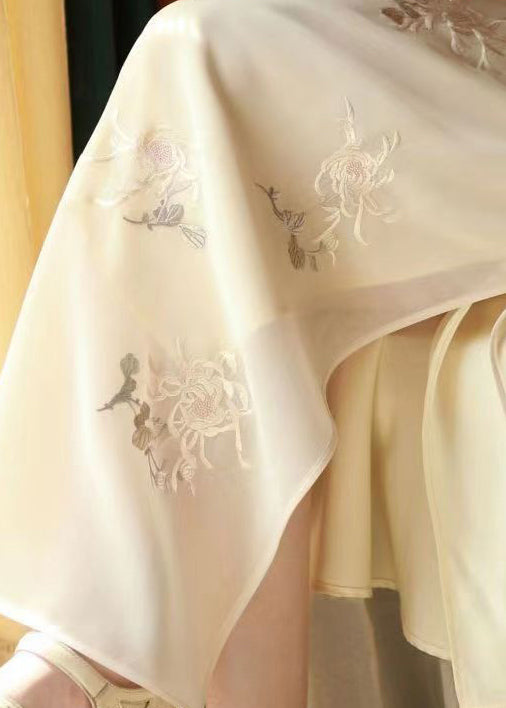 Chinese Style Beige Stand Collar Embroidered Patchwork Silk Dress Fall