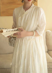 Chinese Style Beige Stand Collar Hollow Out Embroidered Cotton Dresses Summer