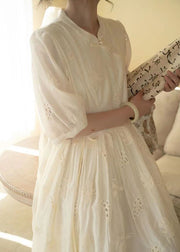 Chinese Style Beige Stand Collar Hollow Out Embroidered Cotton Dresses Summer