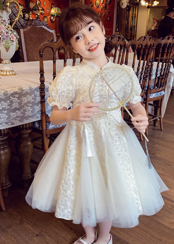 Chinese Style Beige Stand Collar Nail Bead Tulle Girls Maxi Dress Summer
