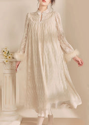 Chinese Style Beige Stand Collar Patchwork Button Long Dress Spring