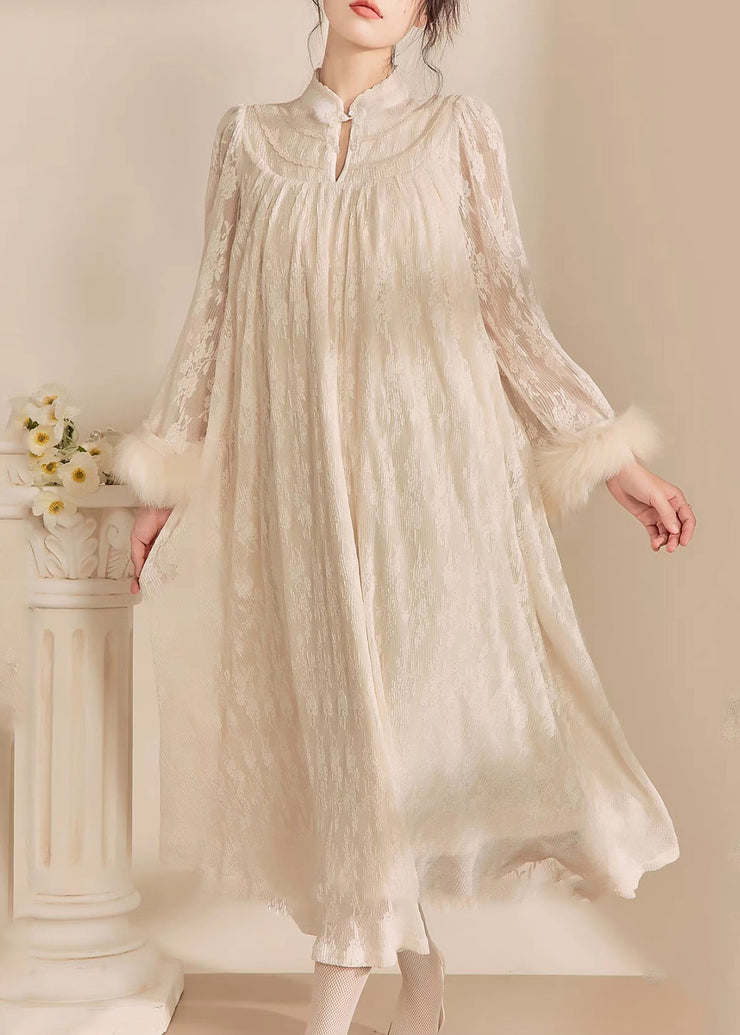 Chinese Style Beige Stand Collar Patchwork Button Long Dress Fall