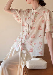 Chinese Style Beige Stand Collar Print Silk Shirt Summer