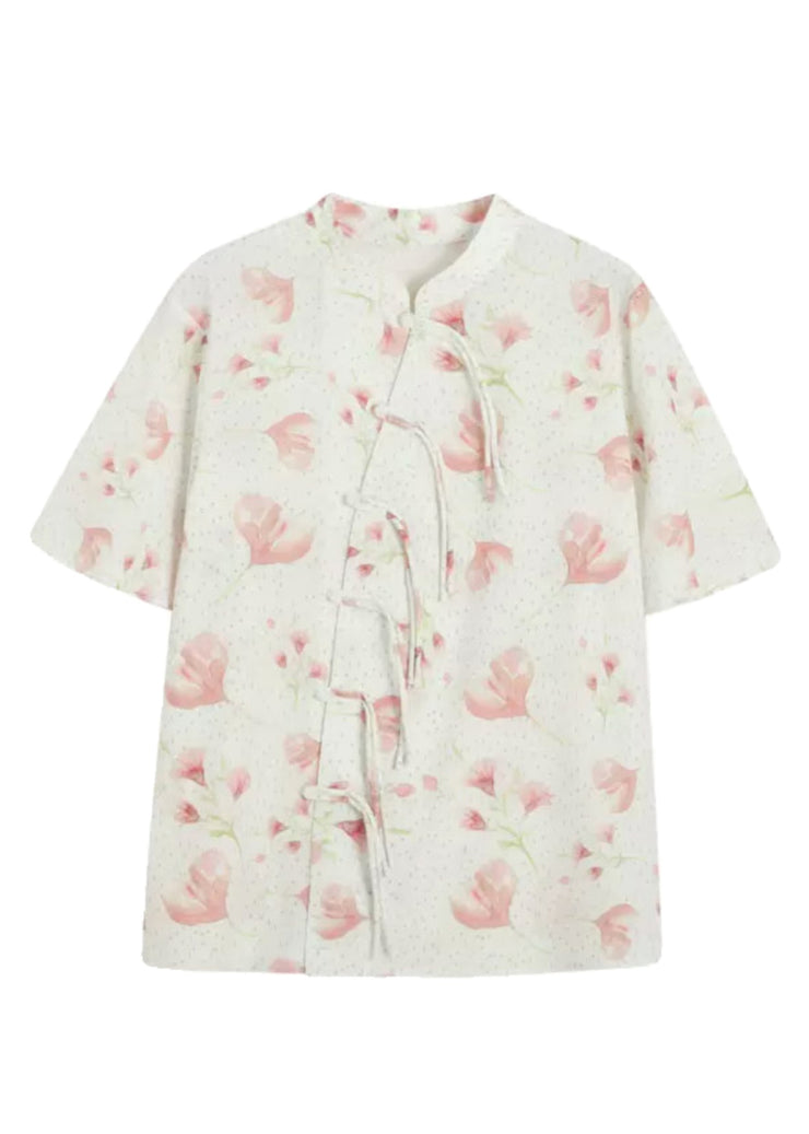 Chinese Style Beige Stand Collar Print Silk Shirt Summer