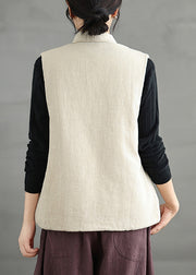 Chinese Style Beige V Neck Lace Up Fine Cotton Filled Vest Sleeveless