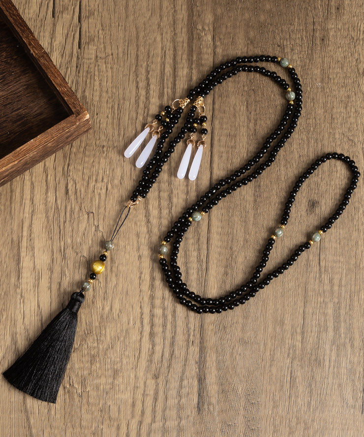 Chinese Style Black Alloy Glass Bead Resin Tassel Sweater Necklace