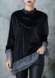 Chinese Style Black Asymmetrical Patchwork Silk Velour Shirt Tops Spring