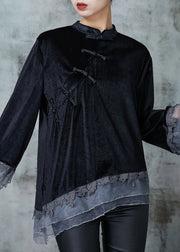 Chinese Style Black Asymmetrical Patchwork Silk Velour Shirt Tops Spring