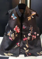 Chinese Style Black Butterfly Embroideried Patchwork Silk Vest Sleeveless