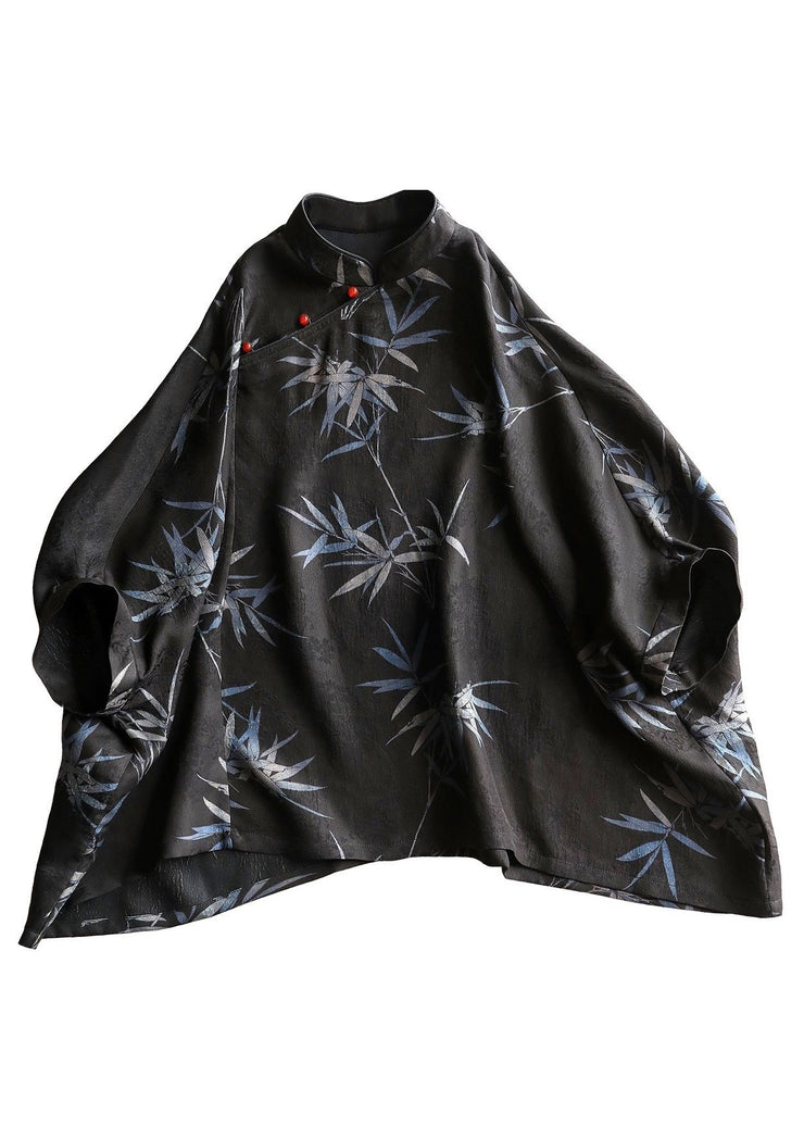 Chinese Style Black Button Print Silk Shirt Half Sleeve