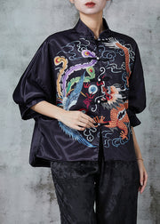 Chinese Style Black Dragon Embroidered Silk Blouse Top Spring