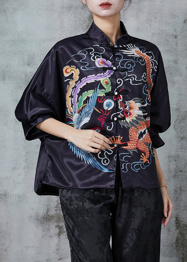 Chinese Style Black Dragon Embroidered Silk Blouse Top Spring