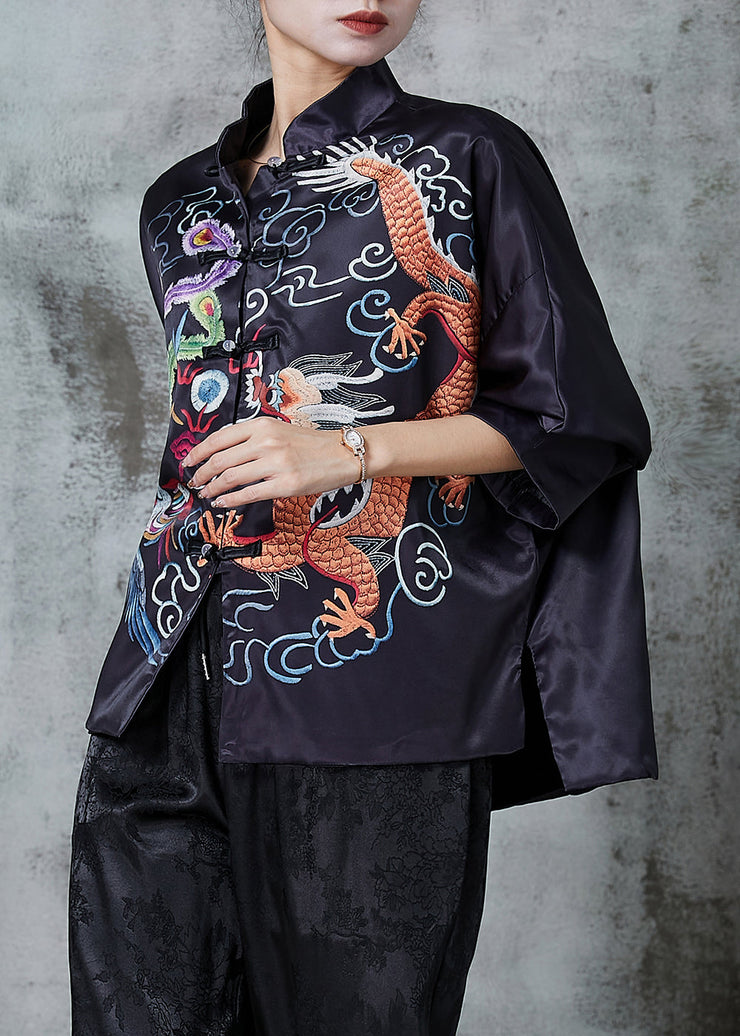 Chinese Style Black Dragon Embroidered Silk Blouse Top Spring