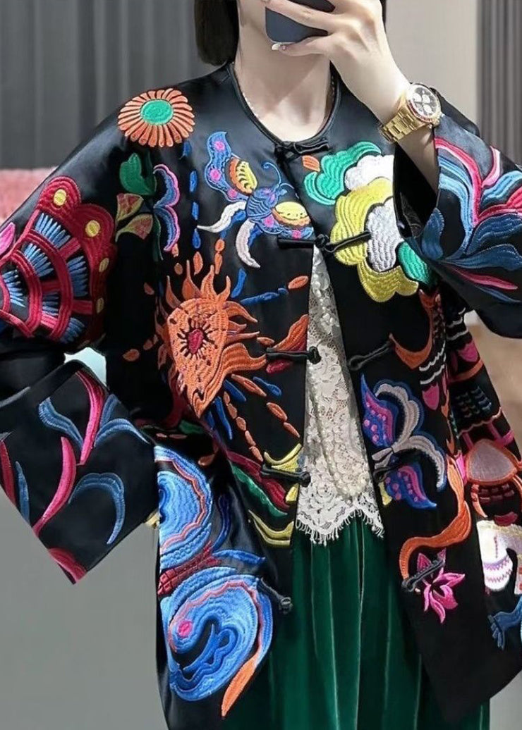 Chinese Style Black Embroidered Button Silk Coats Spring