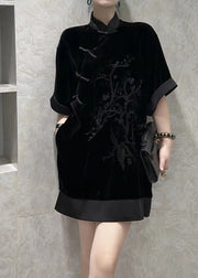 Chinese Style Black Embroidered Patchwork Silk Velour Dress Summer