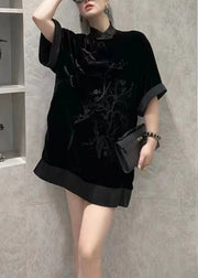 Chinese Style Black Embroidered Patchwork Silk Velour Dress Summer