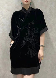 Chinese Style Black Embroidered Patchwork Silk Velour Dress Summer