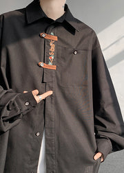 Chinese Style Black Embroideried Mens Shirts Spring