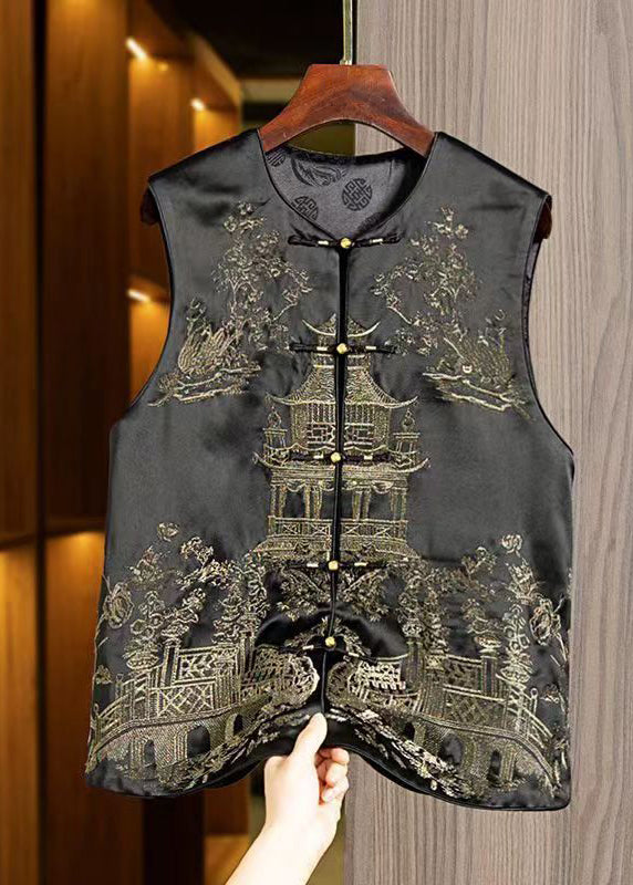 Chinese Style Black Embroideried Oriental Button Silk Vest Sleeveless