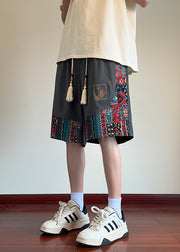 Chinese Style Black Embroideried Patchwork Cotton Men Shorts Summer