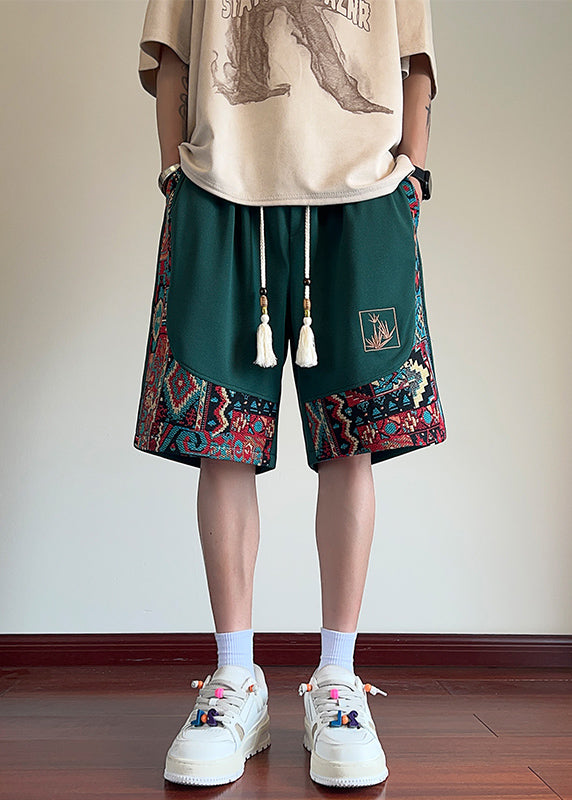 Chinese Style Black Embroideried Patchwork Cotton Men Shorts Summer