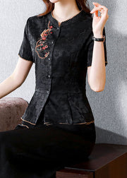 Chinese Style Black Embroideried Patchwork Silk Shirts Summer