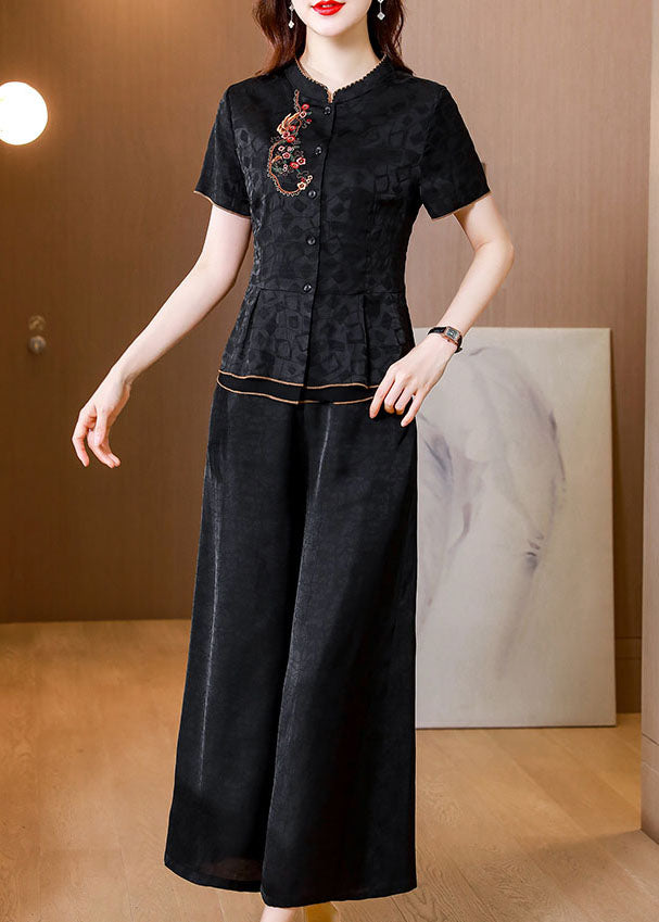 Chinese Style Black Embroideried Patchwork Silk Shirts Summer