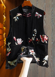 Chinese Style Black Embroidered Pockets Silk Velour Waistcoat Fall