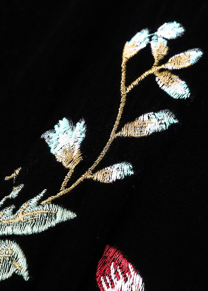 Chinese Style Black Embroidered Pockets Silk Velour Waistcoat Fall