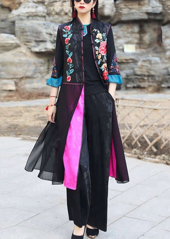 Chinese Style Black Embroidered Side Open Patchwork Silk Long Waistcoat Sleeveless