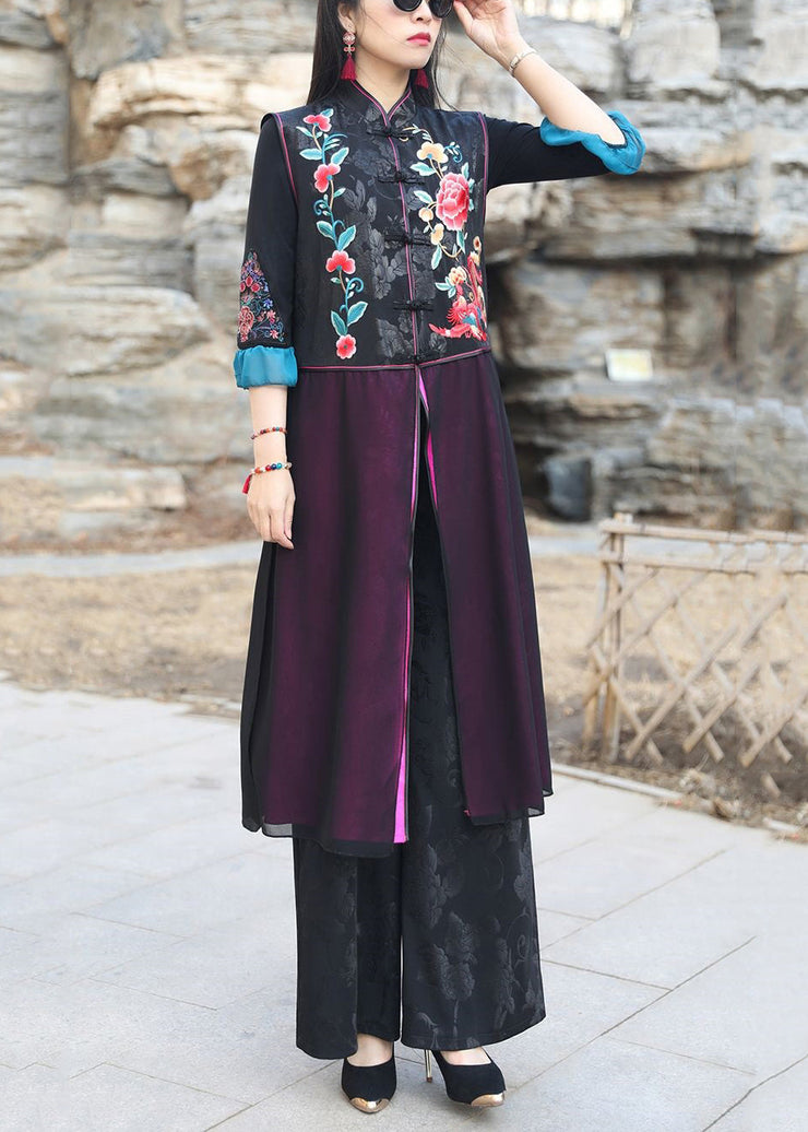 Chinese Style Black Embroidered Side Open Patchwork Silk Long Waistcoat Sleeveless