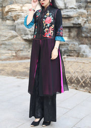 Chinese Style Black Embroidered Side Open Patchwork Silk Long Waistcoat Sleeveless