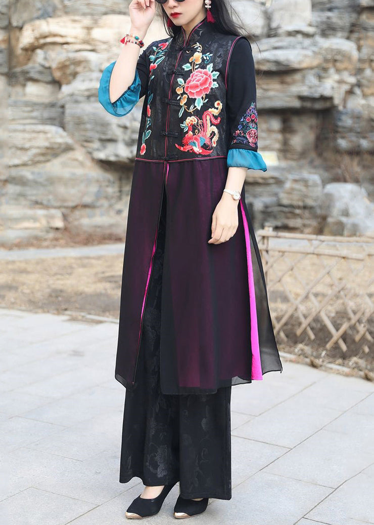 Chinese Style Black Embroidered Side Open Patchwork Silk Long Waistcoat Sleeveless