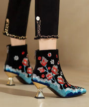 Chinese Style Black Flower Embroidered Pointed Toe Short Boots