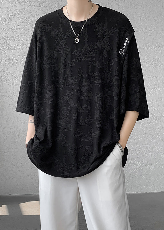 Chinese Style Black Jacquard Ice Silk Oversized T Shirt Men Summer