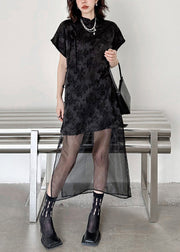 Chinese Style Black Jacquard Lace Up Tulle Patchwork Dress Summer