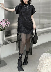 Chinese Style Black Jacquard Lace Up Tulle Patchwork Dress Summer