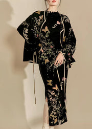 Chinese Style Black Jacquard Silk Velour Two Pieces Set Spring